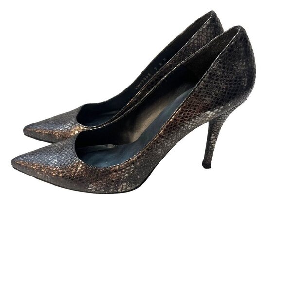 Stuart Weitzman Silver Snake Leather Heels Ladies Size 9,2 M Point Toe High Heel - Picture 9 of 12
